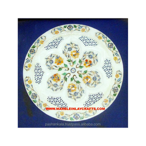 Assiette en marbre blanc avec incrustation de pierres, décor floral, assiette décorative artisanale personnalisée pour la maison, décoration murale et idée cadeau. - Product Image 1