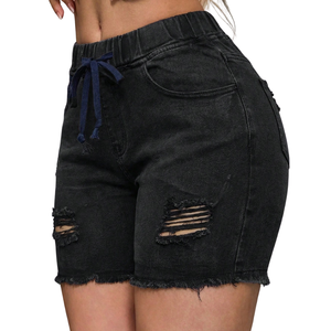 Shorts de mezclilla negros casuales para mujer, corte ajustado elástico a la cintura, con cordón, rasgados, desgastados, con dobladillo sin rematar, estilo streetwear, vaqueros de moda - Product Image 5