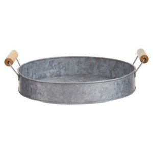 Plateau de service rond en métal galvanisé avec poignée, finition brossée, pour usage résidentiel, plateau de service alimentaire style ferme - Product Image 2