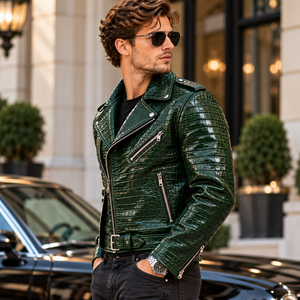 Mens Green for Embossed Leather Biker <b>Jacket</b> | Premium Breathable Motorcycle <b>Jacket</b> <b>with</b> <b>Zipper</b> <b>Pockets</b> Vintage Design - Product Image 2