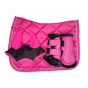 <b>Pink</b> Polycotton Dressage Jumping Quilted All-Purpose Saddle Pad with Fleece Lining and Matching Leg <b>Wraps</b> - Product Image 4