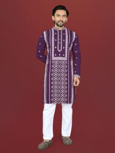 <b>Men's</b> Purple Cotton <b>Kurta</b> With White Embroidery Regular Fit Ankle-Length Traditional Indian Pakistani Casual Wear - Product Image 1