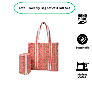 Bolsa de tela con cremallera ecológica con estampado floral de Jaipur + Set de 3 neceseres de algodón acolchado para viajes de verano, regalos y compras - Product Image 2