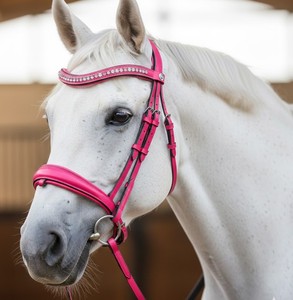 Bridon de cheval élégant noir et blanc en cuir anatomique rembourré, avec frontal incurvé en cristal personnalisé, bridon à mors flottants OEM - Product Image 6