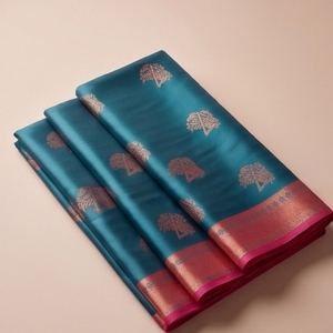 Blue <b>Silk</b> Saree with Intricate Tree Motifs and Pink Border Long Style - Product Image 3