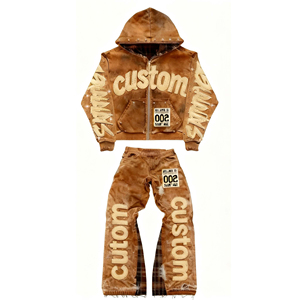 Premium Custom Logo Terry Acid Wash Flared <b>Sweatpants</b> Hoodie <b>Sets</b> Embroidered Streetwear Tracksuit Vintage Heavyweight Cotton - Product Image 1