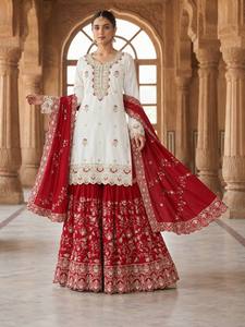 Women Traditional Indian Pakistani Wedding Pure Chino Silk <b>Lehenga</b> Choli Set Red <b>White</b> Embroidered Floor-Length Regular Fit - Product Image 4