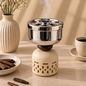 Elegant <b>Silver</b> Metal Incense <b>Burner</b> Featuring A Cutout Metal Base Wooden Accents And Gentle Rising Fragrance Smoke & Decoartion - Product Image 2
