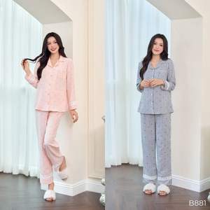 Traje de lino de manga larga para mujer B2 MUM B881 con estampado de rayas en forma de corazón, cuello de solapa, puños y dobladillo con encaje, suave, para maternidad - Product Image 2