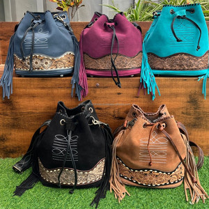 Sac seau en cuir suédé de luxe pour femmes usiné à la main à la mode point de botte daim bandoulière cordon sac seau avec franges - Product Image 5