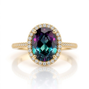 Bague halo en or massif 14 carats avec alexandrite de laboratoire ovale et diamants de laboratoire, bijoux de luxe pour femmes - Product Image 1