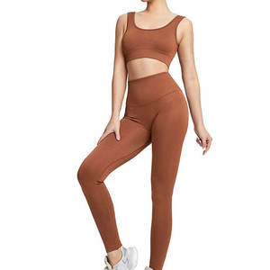 Ensemble de yoga sans couture pour femme, 2 pièces, soutien-gorge de sport côtelé et leggings taille haute, marron uni, tenue de fitness et d'entraînement, ensemble de vêtements de sport, meilleure vente - Product Image 3