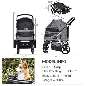 Passeggino Pieghevole per Animali Domestici con Ruote in PVC Regolabili, Freno, Finestra in Rete, Borsa Portaoggetti e Guinzaglio di Sicurezza per Cani e Gatti - Product Image 2