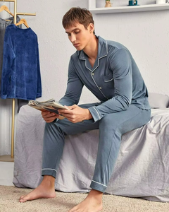 Pyjamas Homme en Gros à Manches Longues avec Passepoil, en Coton Bambou Doux, Ensembles de Vêtements de Nuit et de Détente pour Hommes - Product Image 5