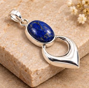 Natural <b>Lapis</b> <b>Lazuli</b> Silver <b>Pendant</b>, Oval Blue Gemstone <b>Pendant</b> Necklace, 925 Sterling Silver Statement Jewelry, Gift for Her - Product Image 1