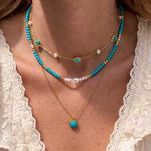 สร้อยคอทองเหลืองประดับด้วยลูกปัดเทอร์ควอยซ์ธรรมชาติ พร้อมจี้เทอร์ควอยซ์ทรงมุกเทียมแบบหลายชั้น ชุบทอง 14K รูปทรงมงกุฎ สไตล์ศาสนา - Product Image 3