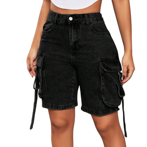Shorts cargo en jean noir pour femme, coupe droite, avec poches utilitaires, style streetwear décontracté, respirant, séchage rapide, en coton et denim, pour l'été - Product Image 1