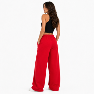 Pantalon de survêtement en molleton rouge pour femme, coupe large, taille haute, couleur unie, décontracté, longueur intégrale, avec poches et taille élastique - Product Image 6