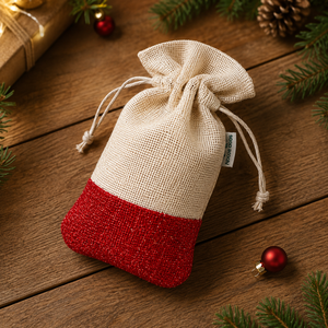 Pochette cadeau personnalisée en jute avec cordon de serrage pour Noël, 15x22cm, sac en toile de jute rouge et lurex doré, vente en gros, OEM, ODM, marque privée, emballage de fêtes - Product Image 3
