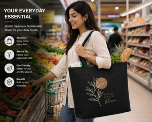 AMANI 300gsm Black <b>Canvas</b> <b>Tote</b> Bag Leaf Graphic 20x18 Inches Large Capacity Zipper Reusable Shopping Bag Heavy Duty Custom logo - Product Image 6