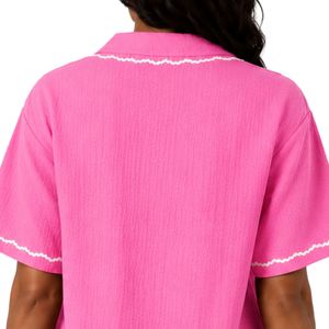 เสื้อเชิ้ตผู้หญิงปักลายสีชมพู แขนสั้น ติดกระดุม ลำลอง ผ้าฝ้าย สำหรับฤดูร้อน มีปก แต่งขอบสีขาว เสื้อแฟชั่นสั่งทำพิเศษ OEM - Product Image 6