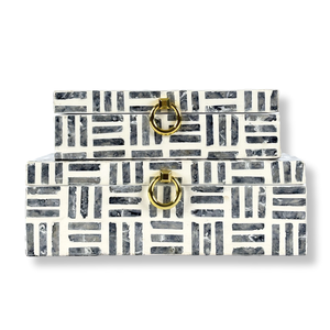 Caja de almacenamiento de incrustaciones de Capiz de MDF hecha a mano con tapa y anillo de latón organizador decorativo con patrón geométrico negro para decoración del hogar y regalos - Product Image 4