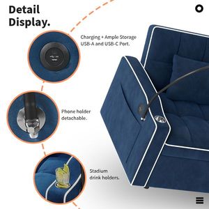 Fauteuil-lit escamotable en velours côtelé avec oreiller, porte-gobelet en acier inoxydable brossé, support de téléphone et port de chargement USB pour salon - Product Image 6