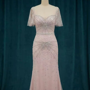 Vestido de noche con cuentas de cristal hecho a medida |   Vestido de Fiesta y Novia de Manga Corta con Cuello Transparente para Venta al por Mayor - Product Image 1