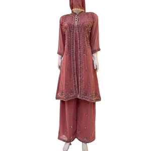 FAMUCAAS Woman Dress Set Teal Georgette Salwar/Plazo/Sharara Kameez With Hand Embroidery Indian Pakistani Ethnic Quick Dry All - Product Image 2