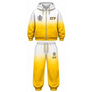 ชุดวอร์มโอเวอร์ไซส์สีขาวทองสำหรับผู้หญิง Sigma Gamma Rho ลายมัดย้อม พร้อมฮู้ดดี้และกางเกงจ็อกเกอร์ ชุดลำลองพิมพ์ลายกรีกสำหรับชมรมนักศึกษา - Product Image 1