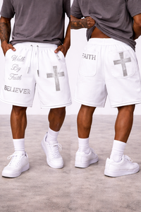 Servicio OEM al por mayor: Pantalones cortos de algodón para hombre con diseño de Jesús, lavado ácido y pedrería, personalizados, de marca privada, color blanco, nueva llegada. - Product Image 1