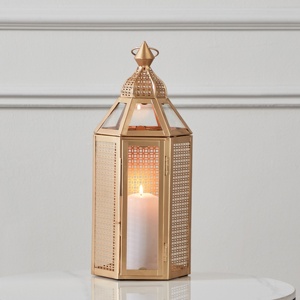 Luxury <b>Gold</b> Metal Moroccan <b>Lantern</b> with Glass Panels Decorative Candle Holder for Ramadan Wedding Home Table Decor - Product Image 1