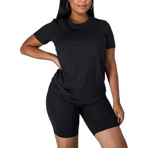 Women's 2 Piece Black Biker Shorts <b>Set</b> Casual Short Sleeve Crew Neck Solid Color <b>Knitted</b> Cotton Breathable 180g Summer Wear - Product Image 3