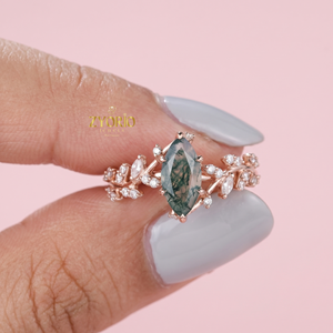 Anillo de compromiso de oro de 10K con ágata marquesa y racimo de diamantes en forma de hoja, anillo nupcial - Product Image 1