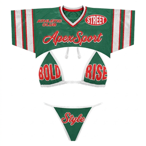 Premium 180 GSM Polyester Mesh <b>Bikini</b> <b>Set</b> Green Red Panel Design Custom Heat Transfer Logo Women <b>Bikini</b> <b>Set</b> - Product Image 1