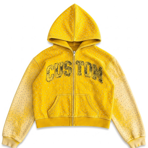 Sweat-shirt à capuche unisexe personnalisé avec strass jaunes, style streetwear, fermeture éclair, poche avant et imprimé pailleté - Product Image 1