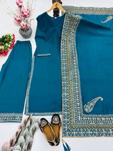 NOUVEAU DESIGNER - SPÉCIAL AID EL-FESTI - ENSEMBLE DE 3 PIÈCES SALWAR KAMEEZ MODERNE AVEC BRODERIE RICHE ET TRAVAIL DE PAILLETTES, TENDANCE POUR SOIRÉES - Product Image 3