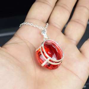 จี้แซฟไฟร์สีส้มทำมือ รูปไข่ เงินแท้ 925 ประดับอัญมณี เครื่องประดับวินเทจสำหรับผู้หญิง - Product Image 3