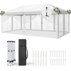 Tenda a Baldacchino Istantanea Bianca 10x20 piedi con 6 Pannelli in Rete, 2 Porte, 4 Lati in Rete, Telaio in Ferro Verniciato a Polvere, Gambe 28/22mm - Product Image 1