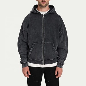 Sudadera con capucha de punto oversize para hombre, estilo High Street, negra con efecto lavado ácido, forro polar teñido, con cremallera, ecológica, estilo urbano. - Product Image 6