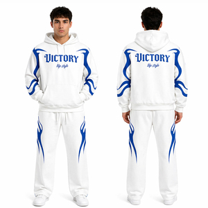 Conjunto Deportivo Blanco para Hombre, Sudadera con Estampado de Llamas Azules y Pantalones Deportivos, Ropa Deportiva Informal, Traje para Correr, Logotipo Personalizado - Product Image 1