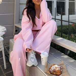 Women's Cropped Zip Up Hoodie <b>Sweatpants</b> <b>Set</b> Custom Logo Vintage Distressed Tracksuit Embroidery Jogger Streetwear <b>Set</b> - Product Image 2