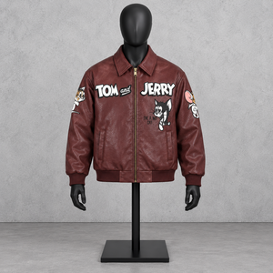 <b>Tom</b> and Jerry <b>Men's</b> PU Leather Bomber Jacket Zipper Front Character Print Casual Outerwear Autumn Streetwear - Product Image 1