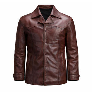Chaqueta de cuero clásica para hombre, color marrón oscuro, con cuello de camisa, cierre de botones, estilo vintage, corte ajustado, ropa exterior premium, impermeable. - Product Image 1