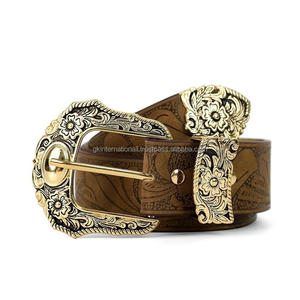 Ceinture de designer en cuir véritable de style punk floral gaufré à la main avec boucle Outillage fait à la main Ceinture occidentale en cuir pour hommes - Product Image 1