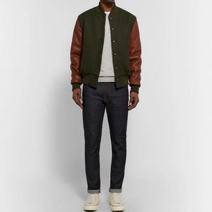 Blouson universitaire vert olive pour homme avec manches en cuir marron, col montant, style décontracté hiver, simple boutonnage, logo frontal, respirant - Product Image 4