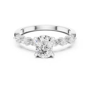 Anillo de Compromiso de Lujo Unisex Bloom Ovalado con Halo Oculto en Oro 10k/14k/18k/Plata y Diamantes Cultivados en Laboratorio con Piedras Laterales Marquise - Product Image 3