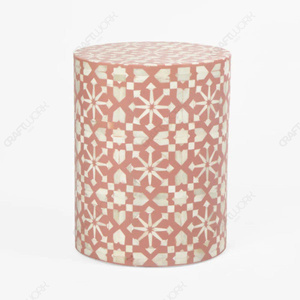 Pink <b>White</b> Geometric Inlay Round Side <b>Table</b> Handcrafted Star Mosaic Pattern Drum <b>End</b> <b>Table</b> Luxury Accent <b>Table</b> Designer <b>Table</b> - Product Image 2