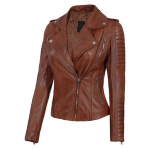 Veste moto en peau de mouton rose pour femme, col rabattu, fermeture éclair, veste de motard, tissée, respirante, avec détails matelassés, doublure en fourrure d'agneau - Product Image 1