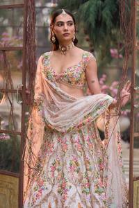 Floral Embroidered Chiffon Lehenga Choli Evening Dress Empire Waist Maxi Sweep Train Heavy Fabric V Neck <b>Bride</b> Party Wear - Product Image 3